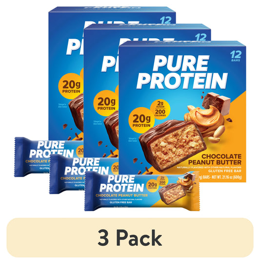 (3 pack) Pure Protein Bars, Chocolate Peanut Butter, 20g Protein, Gluten Free, 1.76 oz, 12 Ct