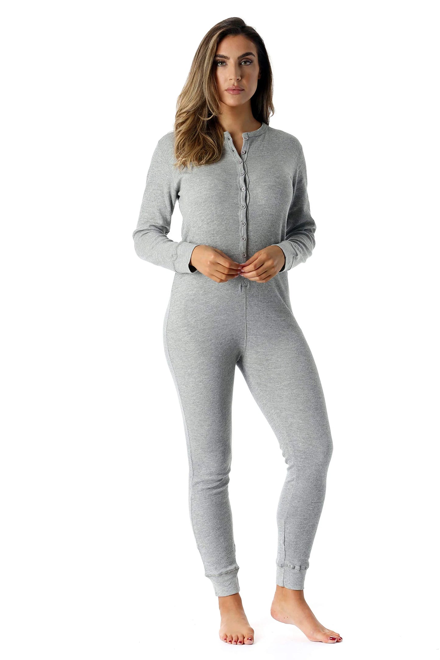 #followme Women's Thermal Henley Onesie - Soft and Cozy Union Suit for Winter Sleepwear and Lounging (Grey, X-large)